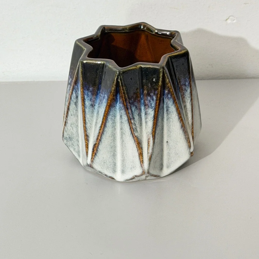 Ceramic Star Planter Vase OS Blue White Black Geometric Drip Glaze